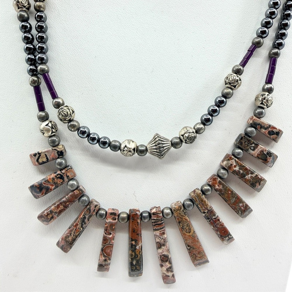 Vintage Silver Tone Beaded Necklace Brown Stone Fringe Multi Strand Statement